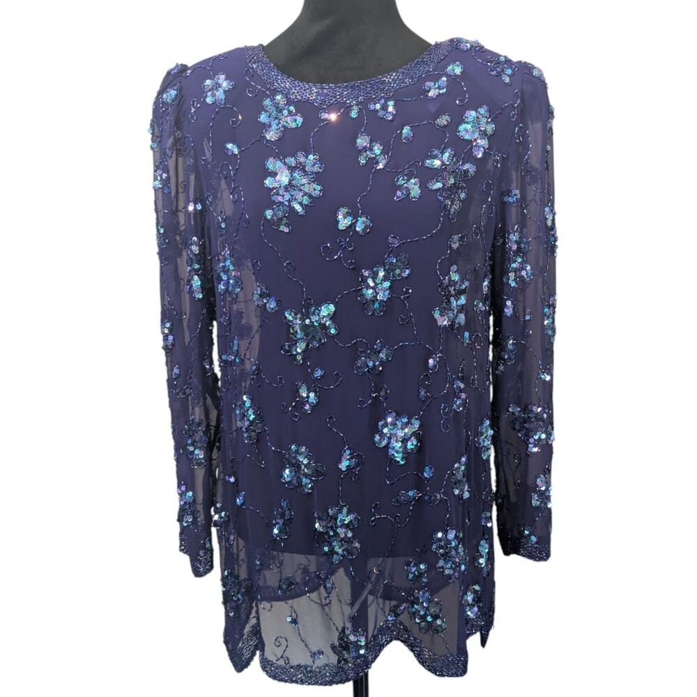 Vintage PEAK Starlink Hand-Beaded Tunic Top 10 Royal Blue Sequin Formal